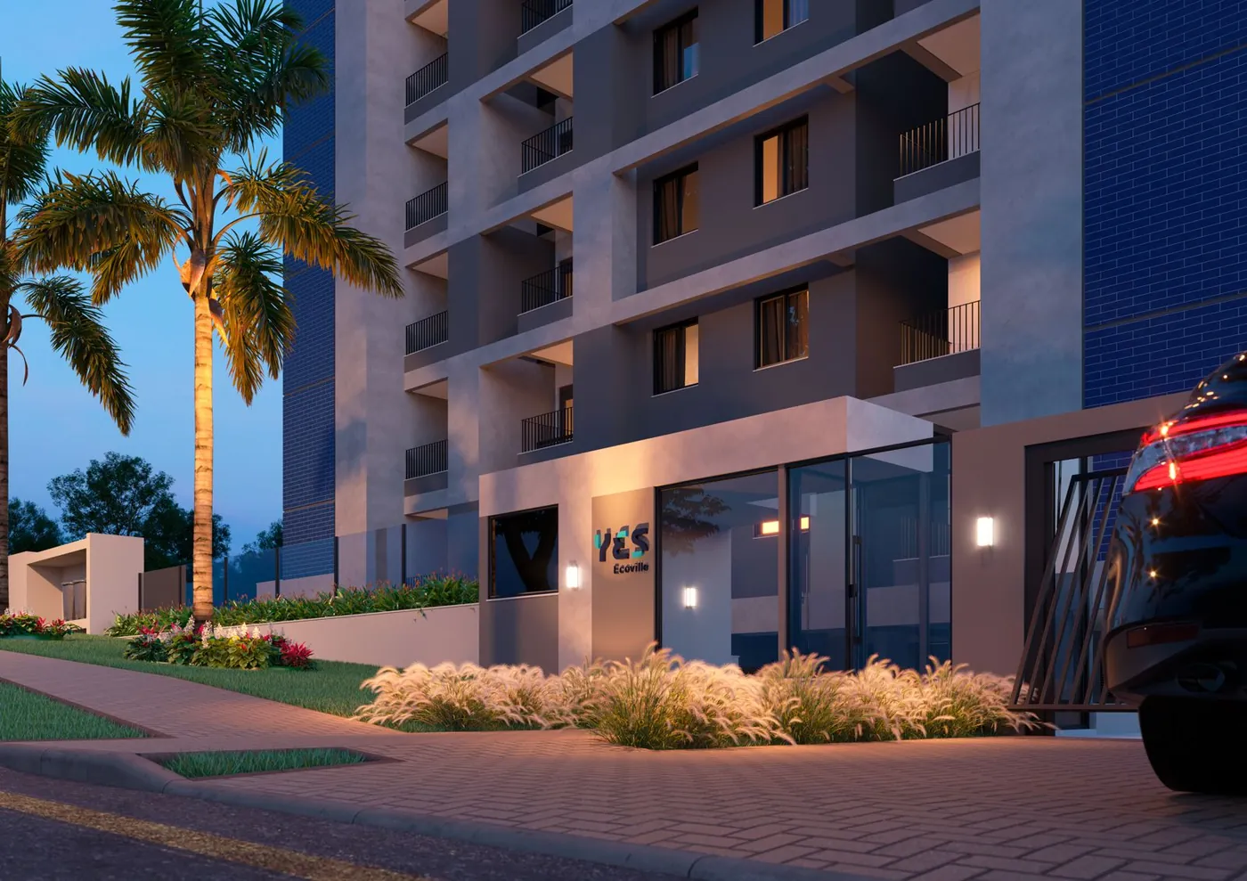 Fachada do Yes Ecoville ao entardecer